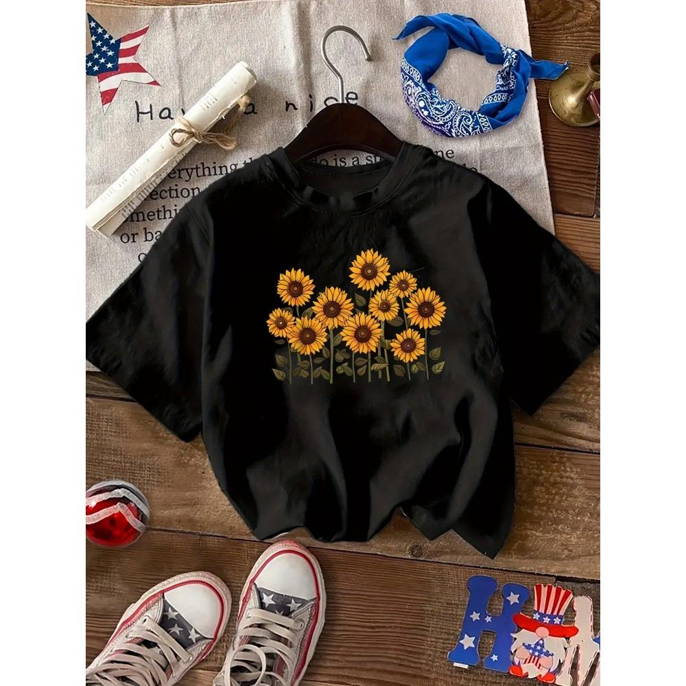Women's Yellow Sunflower Print T-Shirt Short Sleeve Crew Neck Harajuku Short Sleeve Casual Clothing