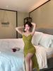 Sultry Mesh Low-Cut Slim-Fit Pleated Slit Dress