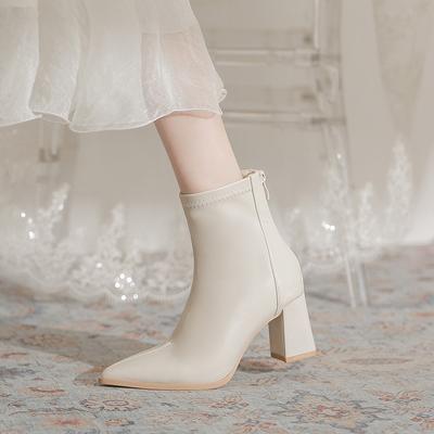 Soft Leather Pointed Thick Heel Short Boots Women's Autumn and Winter New Thin Fashion Versatile Rear Zipper Martin Boots