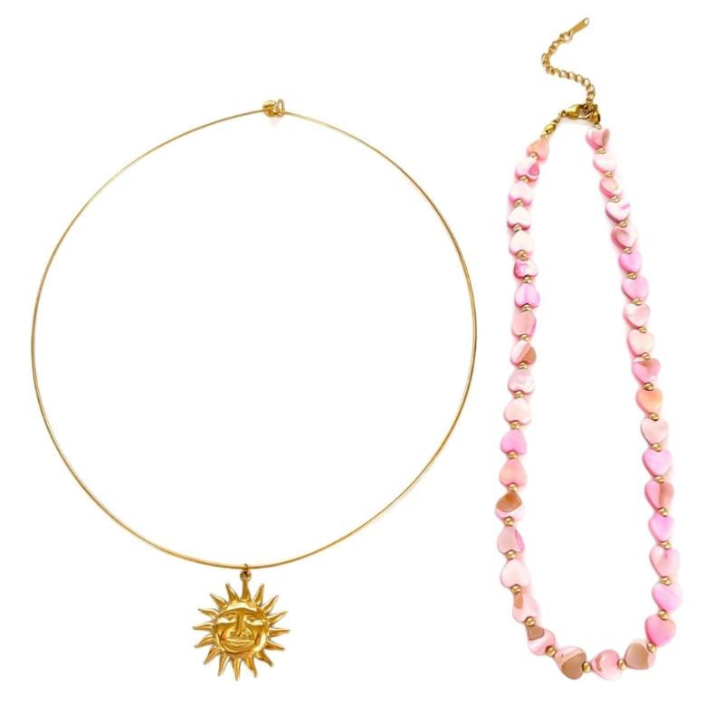 

2PCS Stainless Steel Necklace Set Shell Bead Chain Necklace Sun Charm Necklace Fashion Jewelry for Daily and Party Wear 1