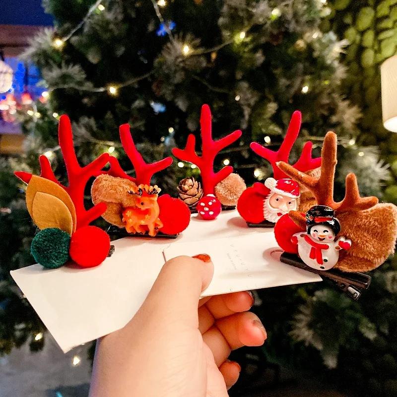 2 Pcs/set of Christmas Hair Clips Hair Accessories Sweet Party Antler Top Clip Women's Fashion Festival New Year Hairs Accessory