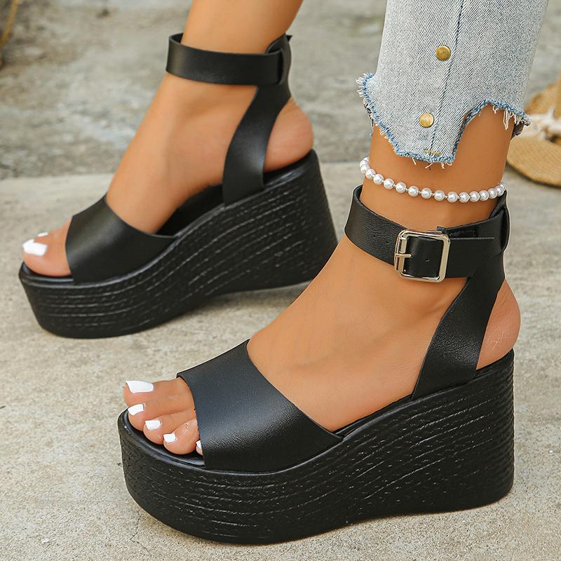 Fashion Women's Thick Sole Black Wedge Sandals Fashion Ankle Strap Chunky Platform Sandals Woman Super High Heel Summer Sandalias Mujer