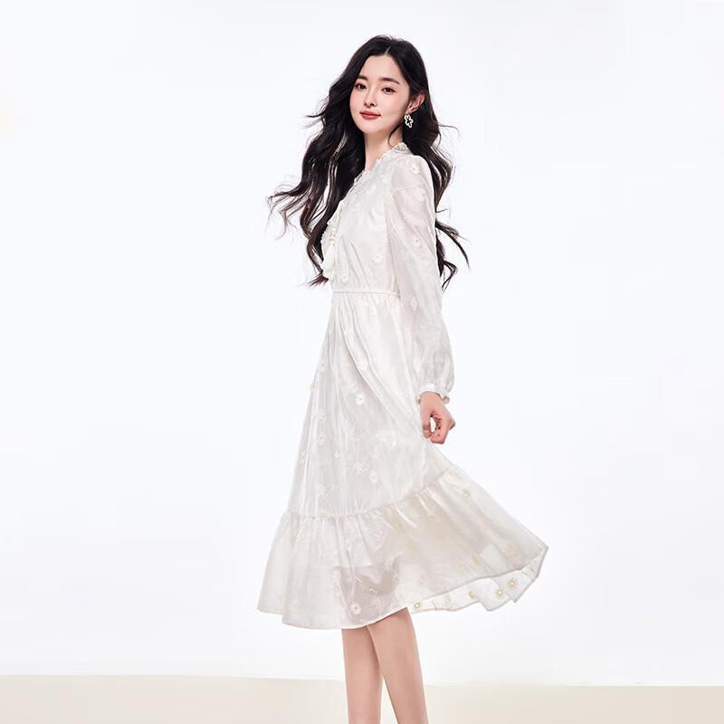 

Qiushui Yiren Elegant V-Neck Jacquard Lantern Sleeve Dress M
