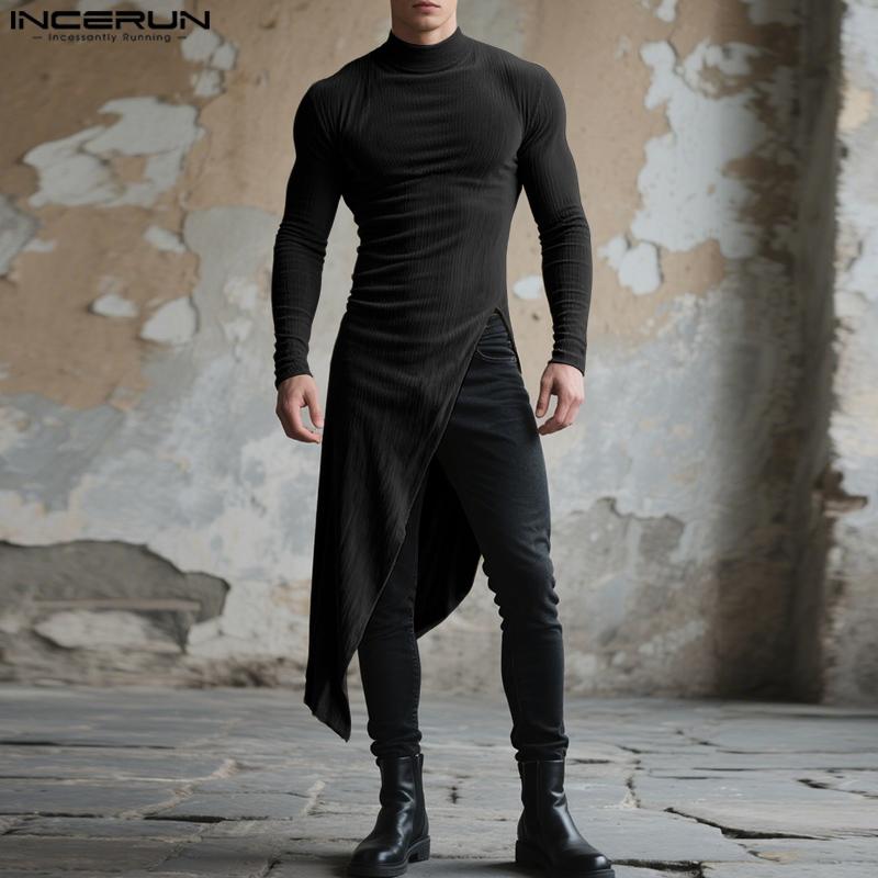 INCERUN Autumn Men Turtleneck Long Sleeve Texture Rib Irregular Tunic Tops Pullovers