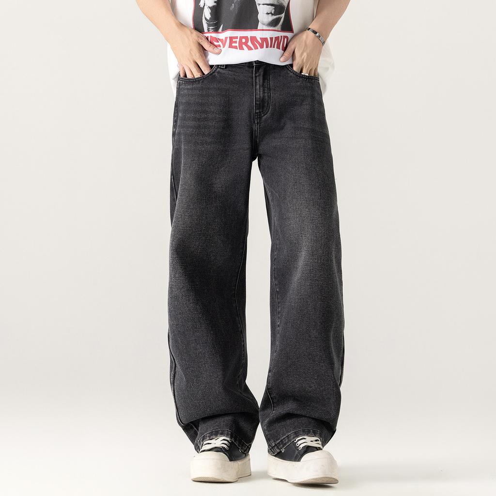 Trendy brand high-end black and gray jeans men's new vi high street American retro loose straight jeans