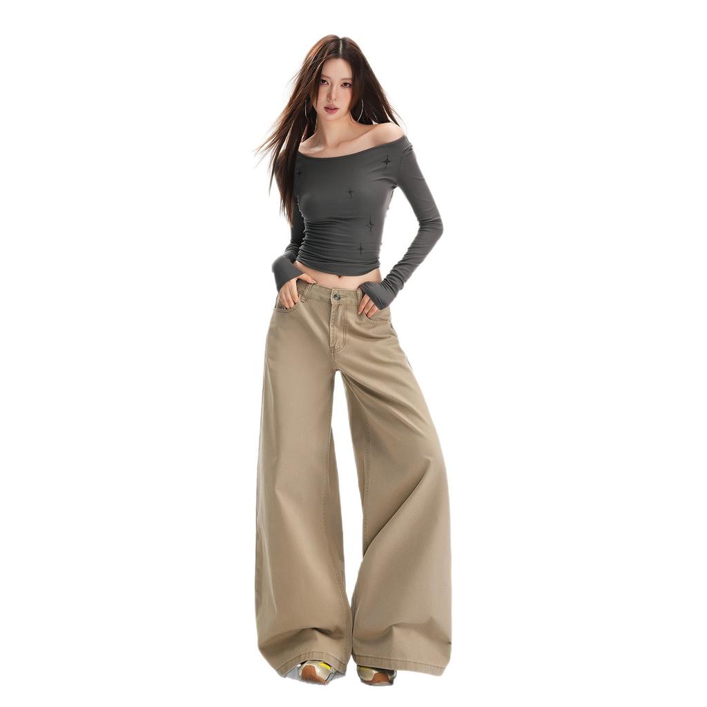 Khaki high-waisted straight jeans women's autumn new versatile loose and thin wide-leg casual long pants