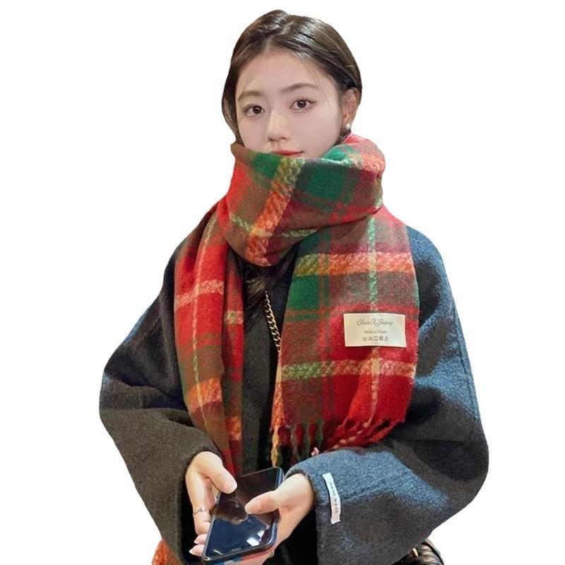 Christmas plaid scarf women's new winter versatile imitation cashmere shawl thickened warm couple fringed scarf