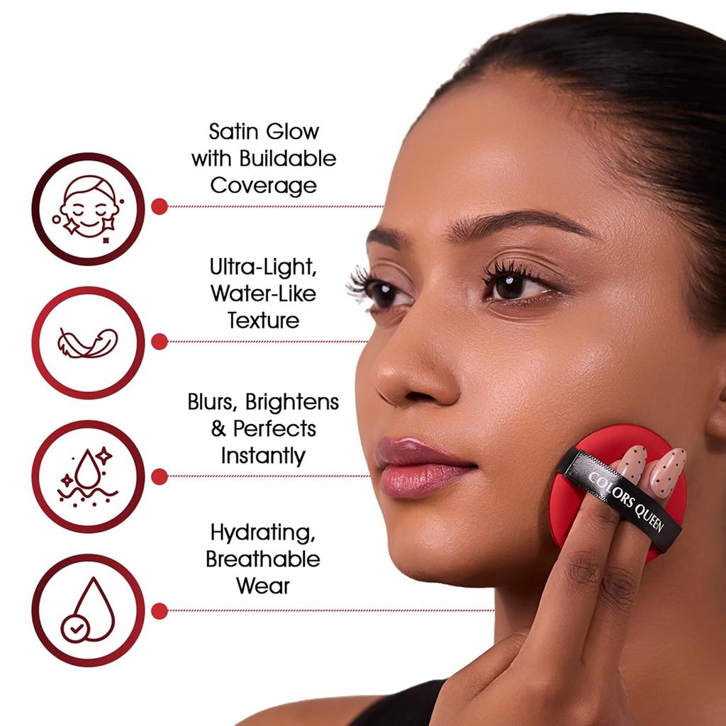 Colors Queen Red Cushion Foundation Ultra-Light Weight Satin Glow Full Coverage Hydrating 72 Hours Long Lasting For Women