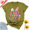 Happy Easter Cartoon Tshirt Bunny Ears Bow With Egg Floral Star Graphic Playful Typography Cute Festive Regular Short Sleeve
