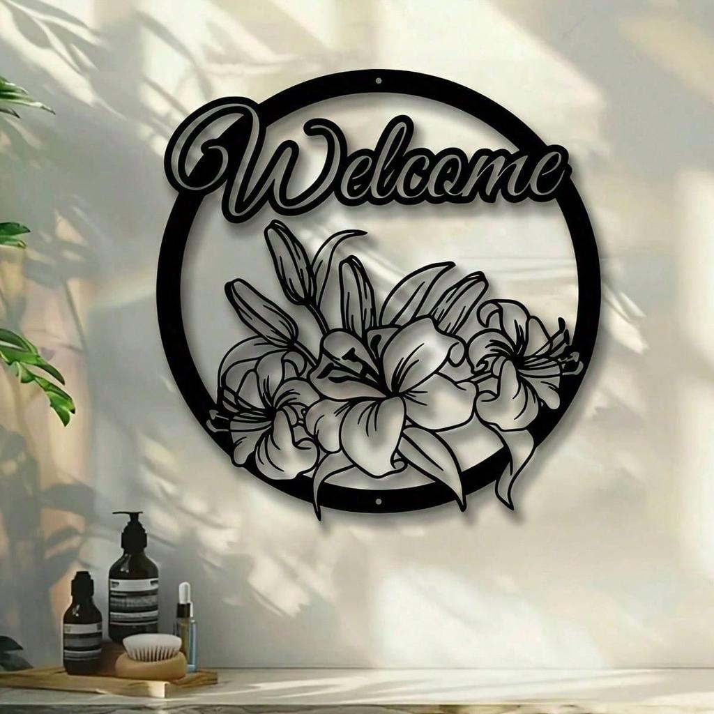 Bohemian Metal Welcome Sign Wrought Iron Floral Wall Art for Garden Patio Home Decor
