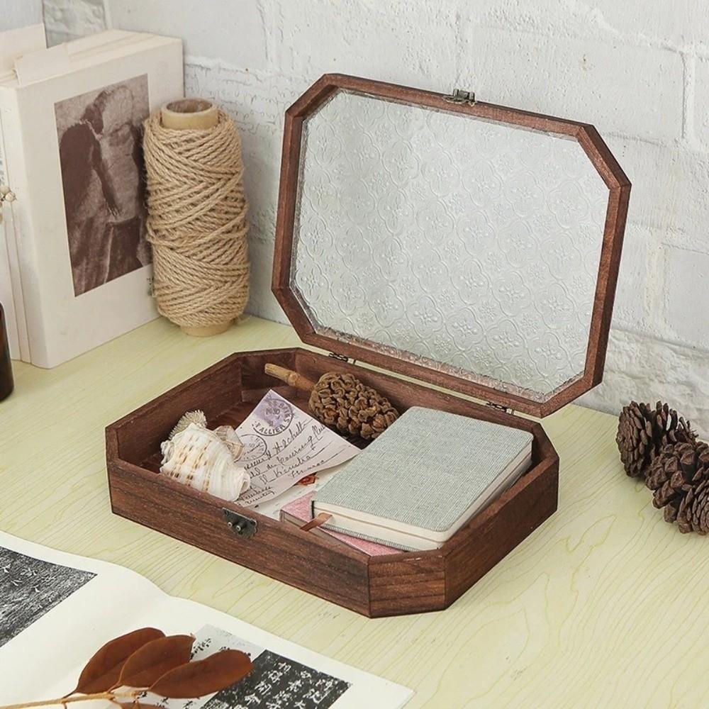 Flip Cover Wooden Storage Box Vintage Glass-Lid Box Minimalist Storage Cabinet  Perfume Storage