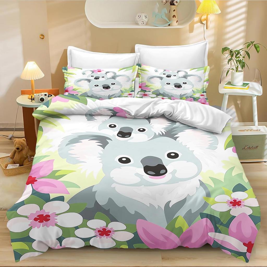 Home Koala Fun Duvet Cover Set For Kids And Boys, Single Size Soft Polycotton Printed Bedding Set With 1/2 Pillowcases 75*50Cm