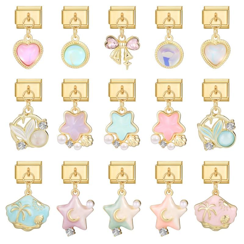 Vintage Gold Color Heart Star Cloud Rose Tulip Pendant Italian Charm Links Stainless Steel Fit 9mm Italian Bracelet DIY Jewelry