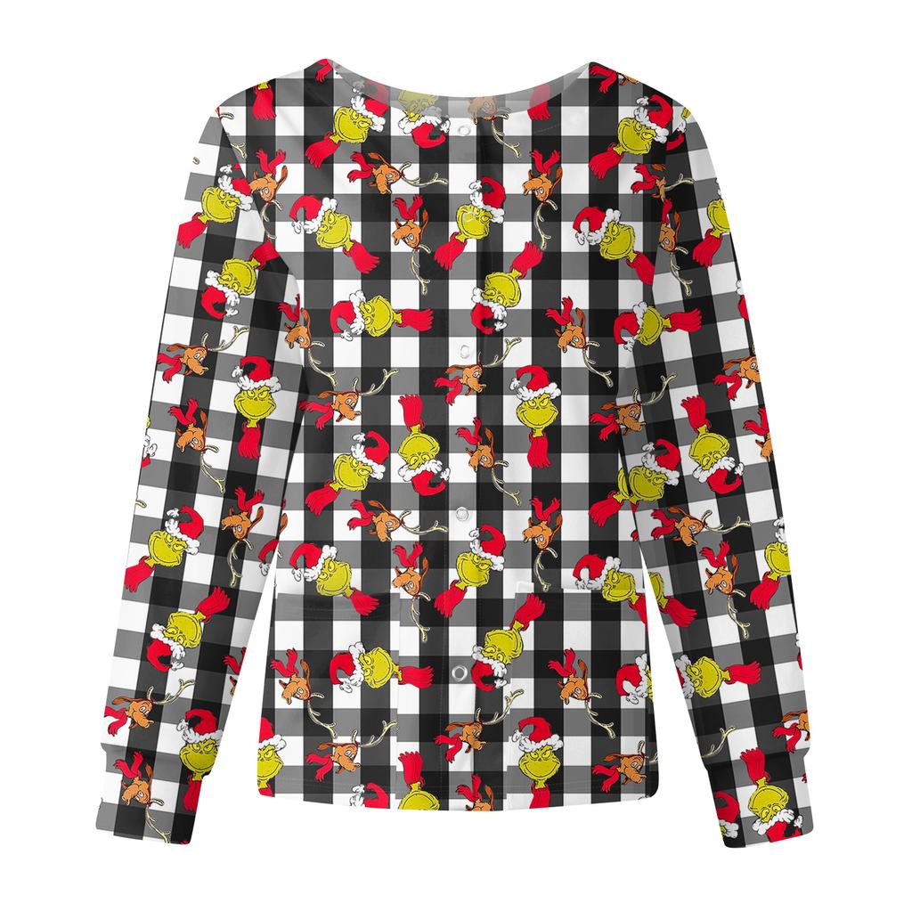 Women's Casual Fashion Long Sleeve Standing Collar Single Breasted Christmas Print Workwear Jacket Tops