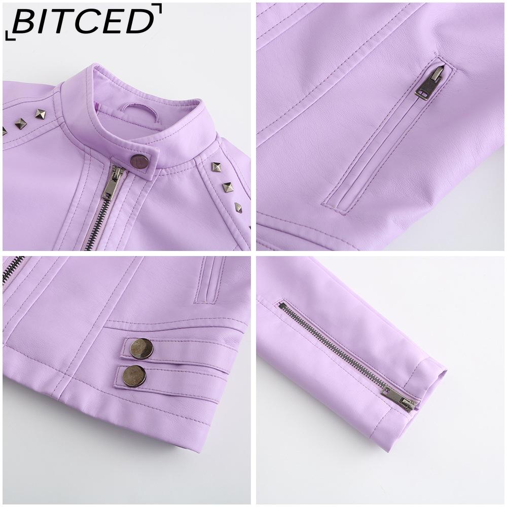 BITCED Women's Studded Leather Jacket Spring/Autumn Long-Sleeved Stand-Collar Fashion Jacket