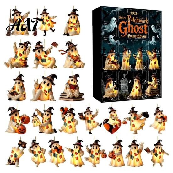 Ghost Themed Advent Calendar Halloween 2026, 24 Days Patchwork Countdown Box Set, Seasonal Display Flat Acrylic Hanging Ornaments for Halloween, Tree A
