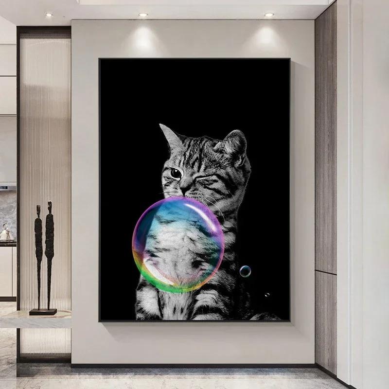 Black Cat with Colorful Bubbles Poster Cute Animal Giraffe Elephant Lion Posters and Prints Wall Arts Canvas Painting Home Decor
