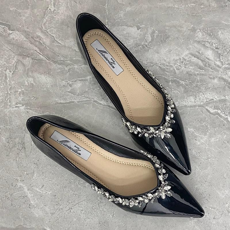 French temperament pointed patent leather rhinestone single shoes women's summer flat-soled shoes inner height increase gentle shallow mouth soft sole