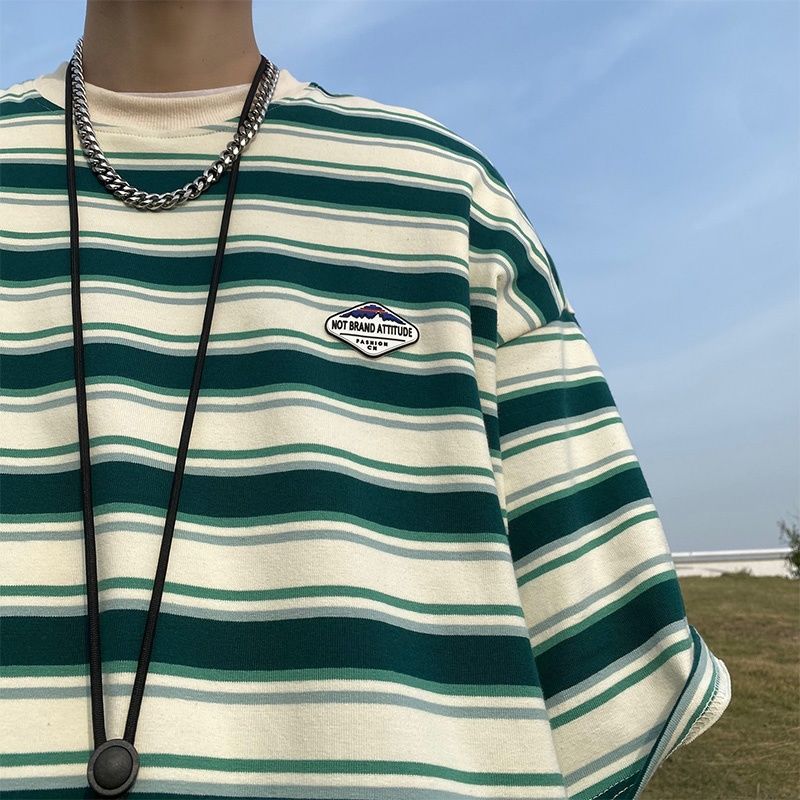 

Модные футболки с принтом, полосатые пуловеры, свободные, мужские, с коротким рукавом, с круглым вырезом, красивые, весенне-летние, тонкие, мужская одежда 2023 L зелёный