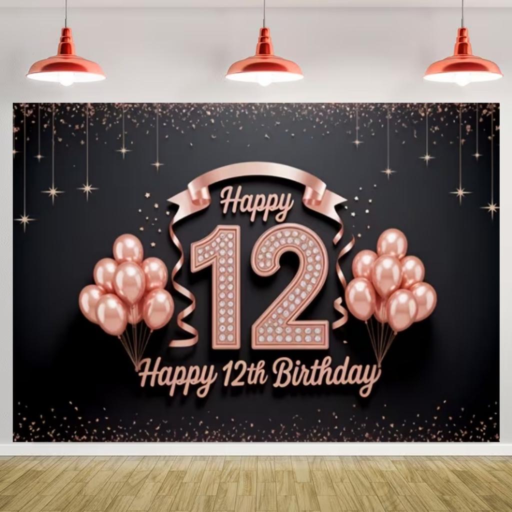 Happy 12th Birthday Banner Black Gold Balloon Background Party Decoration Boys Girls Birthday  Photography Backdrop Kids Gifts