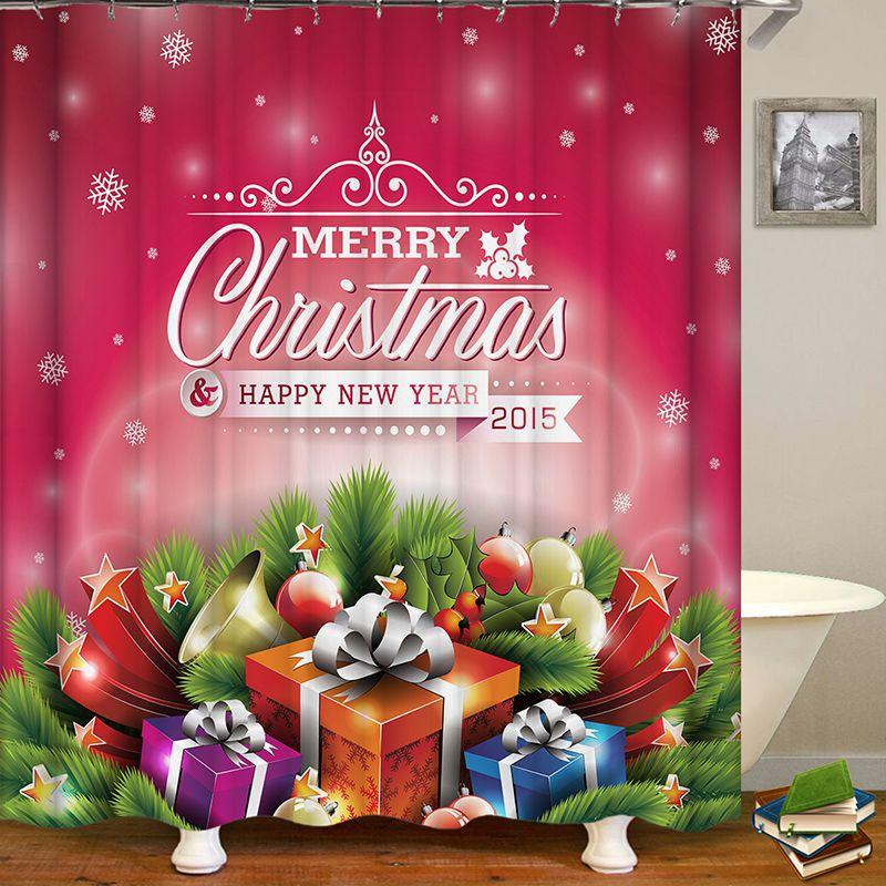 Festive Christmas Gift Boxes In Snow Shower Curtain Waterproof Fabric With Hooks