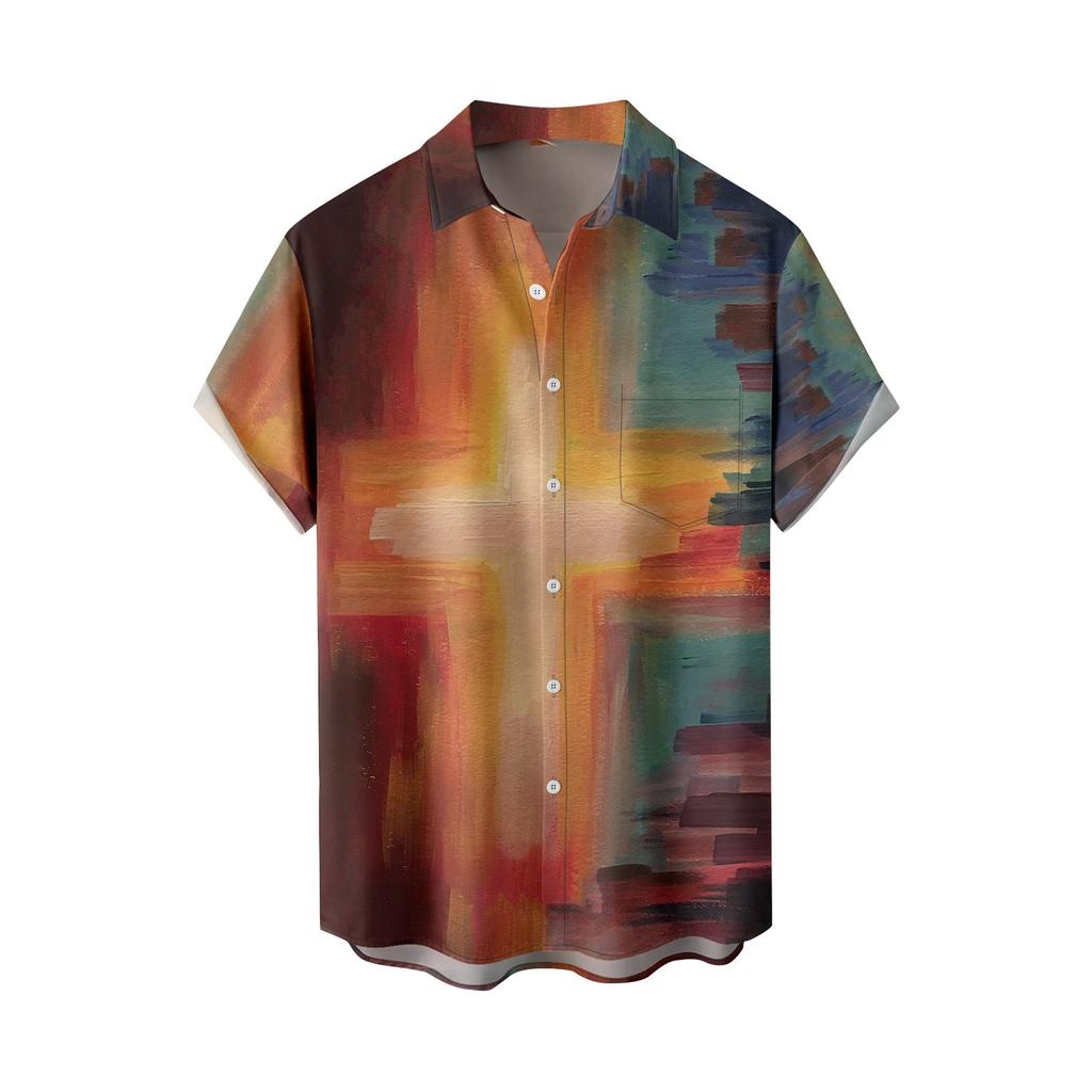 Summer New Men's Printed Slim Fit Shirt Large Fashion Casual Short Sleeve Shirt Men