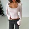 New Fashion Lace Square Neck Long Sleeve Women's T-shirt Spring Elegant Slim Fit Basic Versatile Women's Tee Top Street Solid Color Ladies T Shirts
