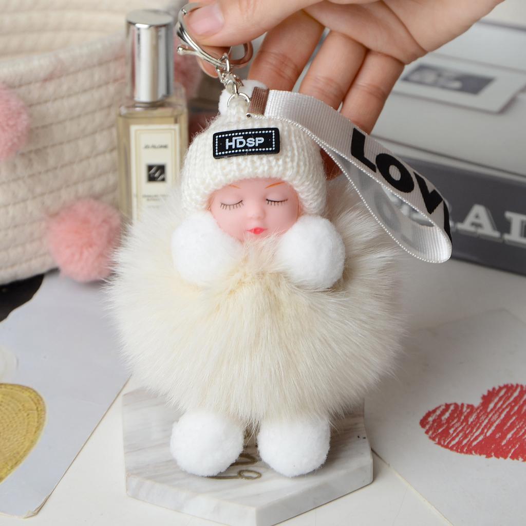 Pompom Sleeping Baby Keychain Cute Fluffy Plush Doll Keyholder Women Girl Bags Keyrings Cars Key Ring Gift Charming Decoration