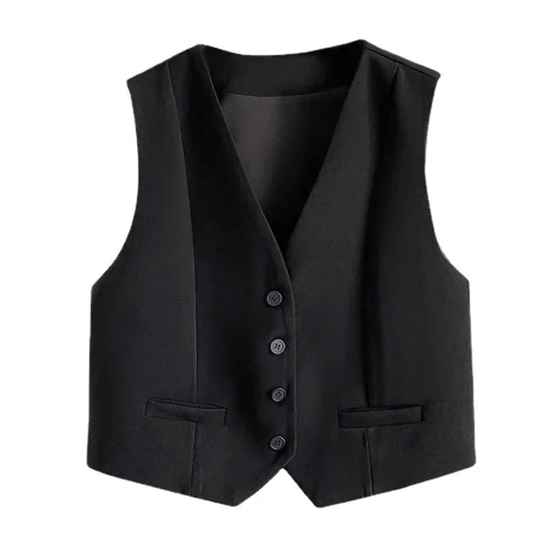 Cropped Vest Women Waistcoat Fashion Buttons Tops Vintage V Neck Sleeveless Coats Outerwear White Black Chic Jacket