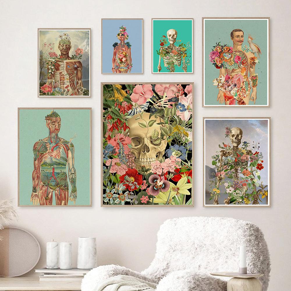 Gift Flowers Skull Print Poster Anatomical Medical Art Illustration Body Abstract Skeleton Canvas Painting Doctor Office Decor