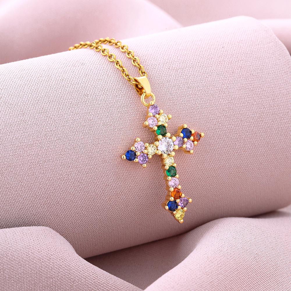 Fashion mixed color zircon cross pendant necklace WOMEN'S simple trendy unique ornament