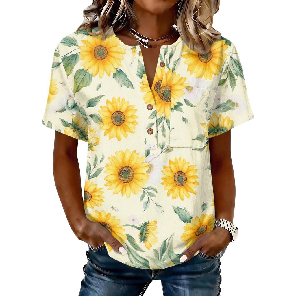 Women’s Short Sleeve Cotton Linen Henley Shirt with Sunflower Print and Button Front Casual Loose Fit Top for Summer Spring