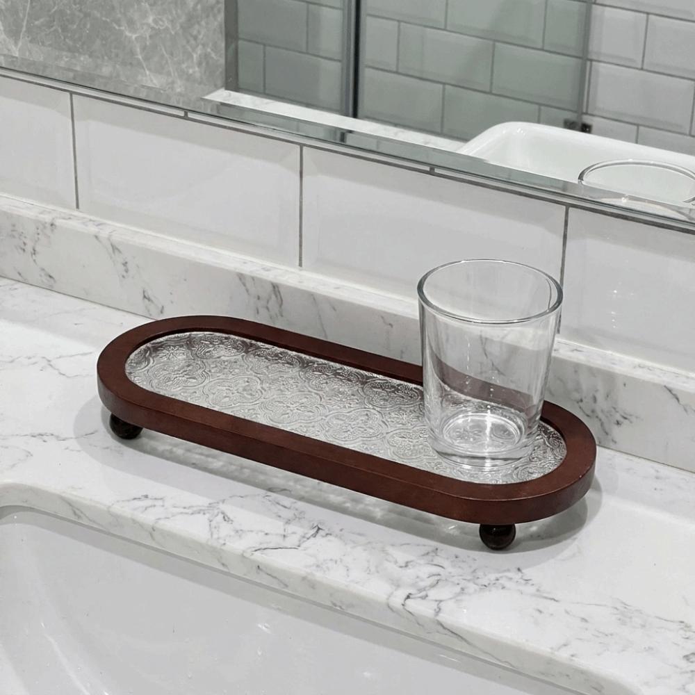 Embossed Pattern Oval Wooden Decorative Tray Jewelry Perfume Display Tray for Living Room