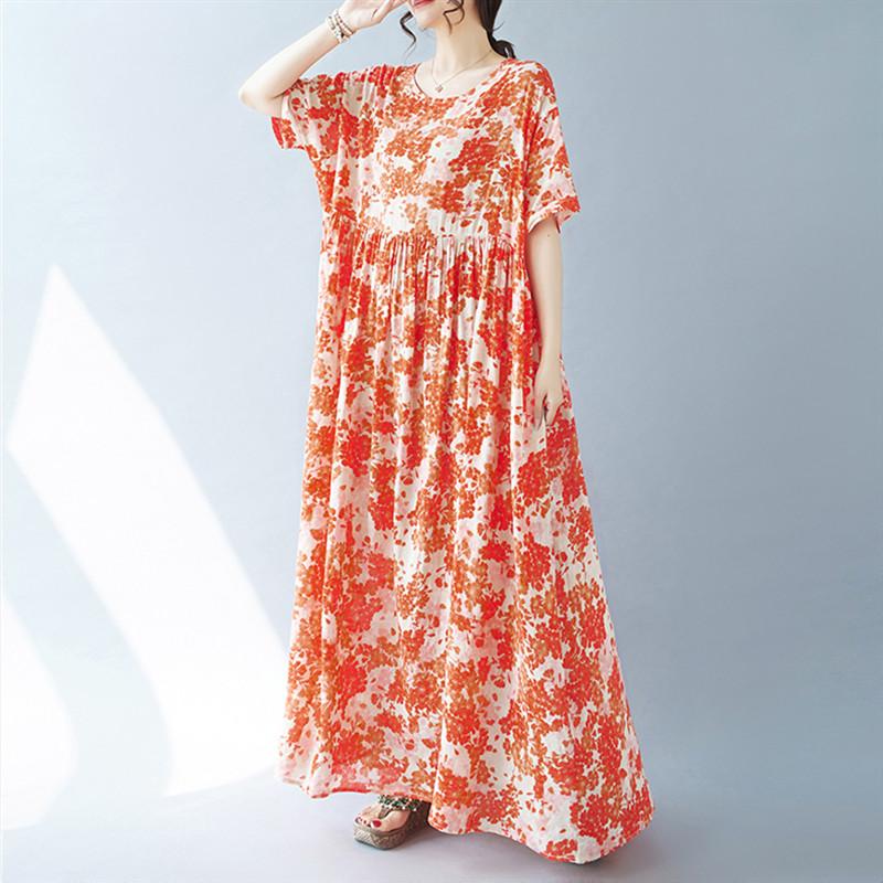Short Sleeve Plus Size Cotton Vintage Floral New In Dresses for Women Casual Loose Long Summer Dress