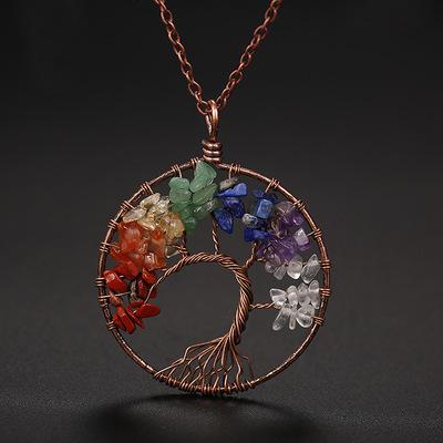 Hand-Wound Natural Stone Crystal Ancient Red Copper Curved Tree Of Life Curved Tree Necklace N01