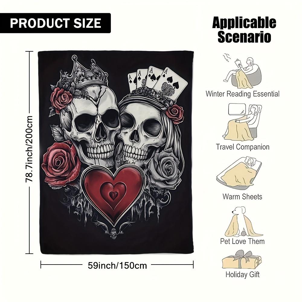 King and Queen Skulls with Hearts Roses Fleece Blanket Gothic Romance Design Soft Warm Throw Boho Interior Decoration Bedding 70x100cm28x39in