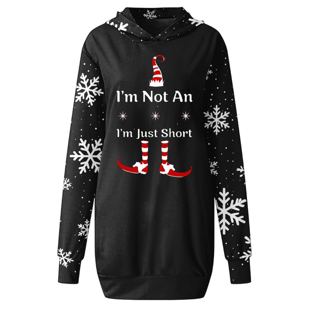 Rochie Pulover cu Glugă și Mâneci Lungi cu Buzunar și Imprimeu de Crăciun pentru Femei