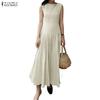 ZANZEA Women Casual Round Neck Solid Color Sleeveless Long Dress