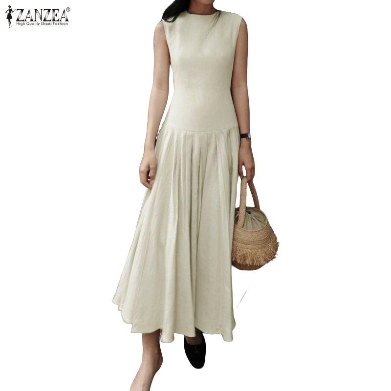ZANZEA Women Casual Round Neck Solid Color Sleeveless Long Dress