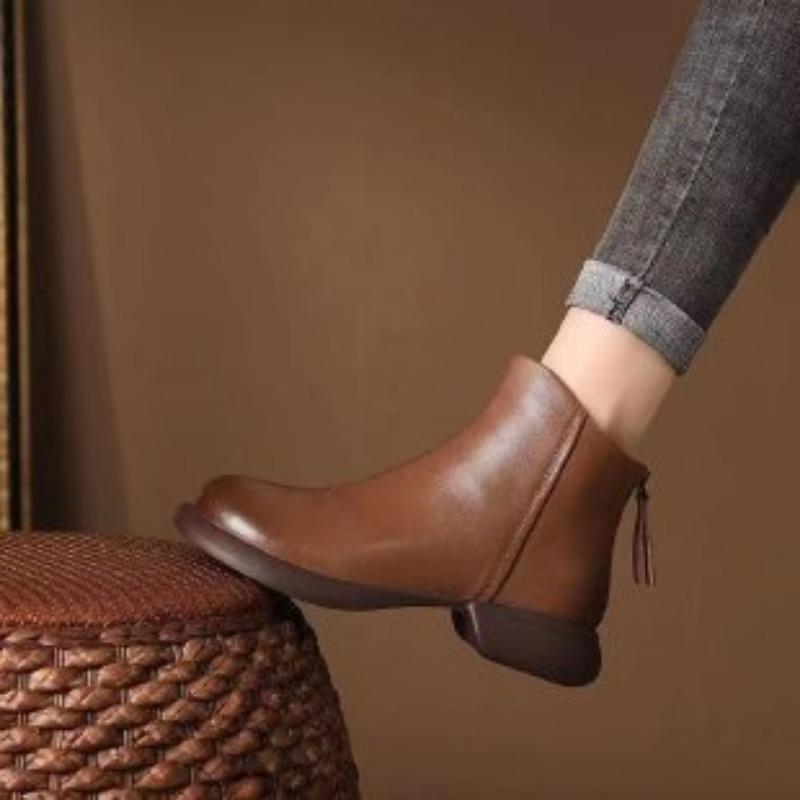 New Women's Shoes: Soft Leather Casual Retro Boots, Fashionable Women's Thick-heeled Round-toed Ankle Boots