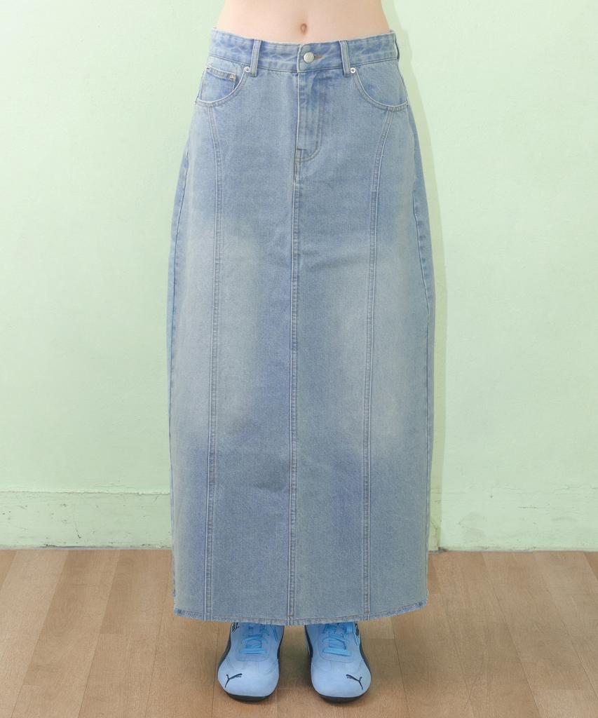 AMES-WORLDWIDE Curved Line Denim Long Skirt Light Blue