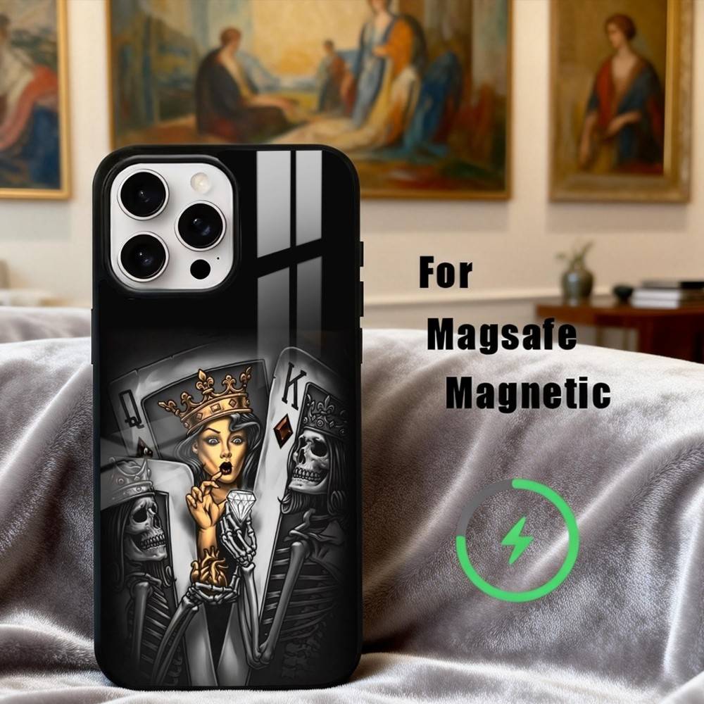 S-Skeleton Q-Queen of Hearts CARD Phone Case For iPhone17,16,15,14,13,12,11 Plus,Pro Max Magnetic For Magsafe Wireless Charging