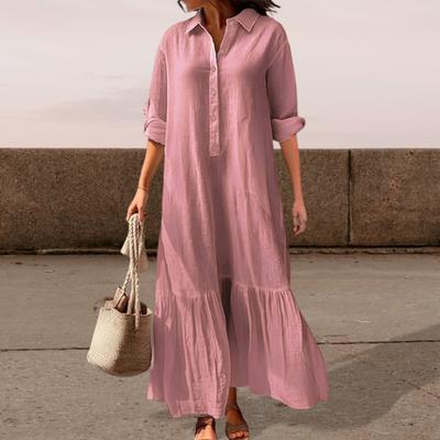 שמלת חולצה מכותנה פשתן לנשים שרוול ארוך צווארון וי כפתורים שמלת מקסי קז'ואל במידות גדולות נשפכת שמלה ארוכה