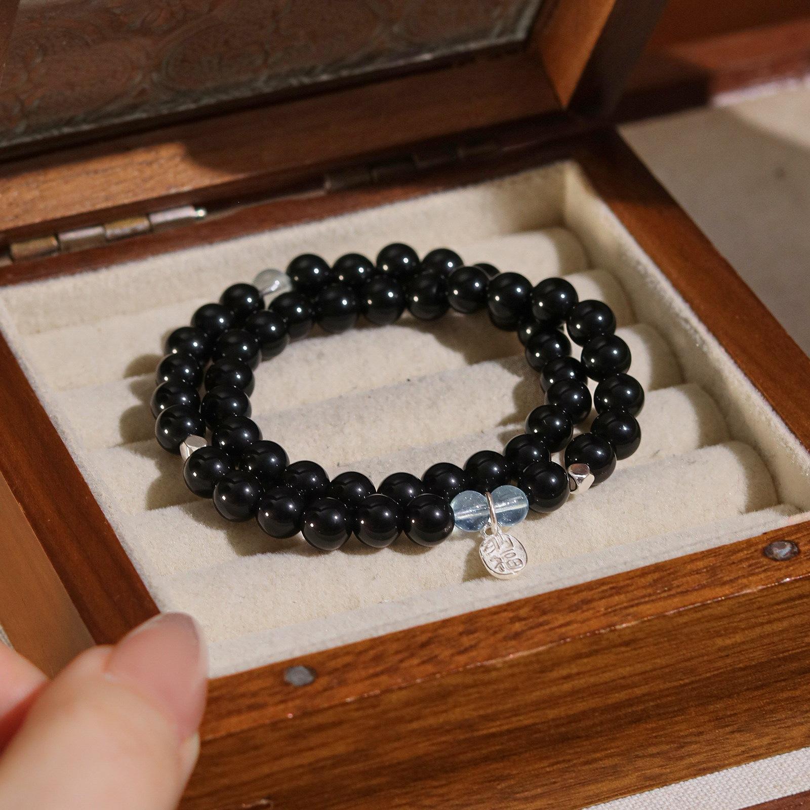 

Natural obsidian and aquamarine bracelet 15-16cm Fits wrist size