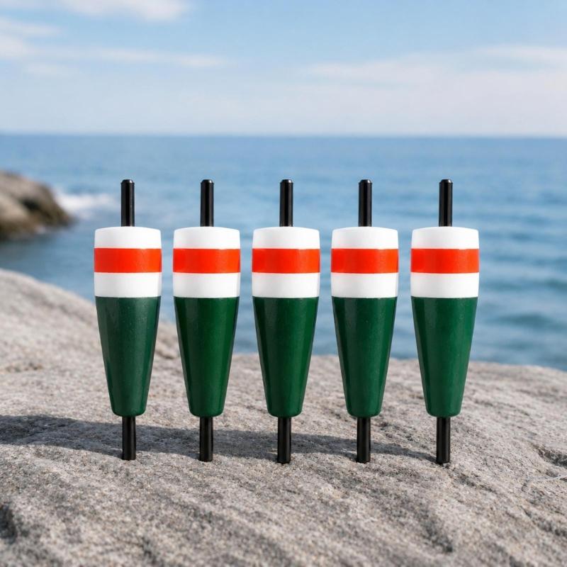 Fishing Bobbers for Nearshore Rock Angling and Coastal Casting, 5-Piece Molded Set with Tapered Shapes and Central Shafts