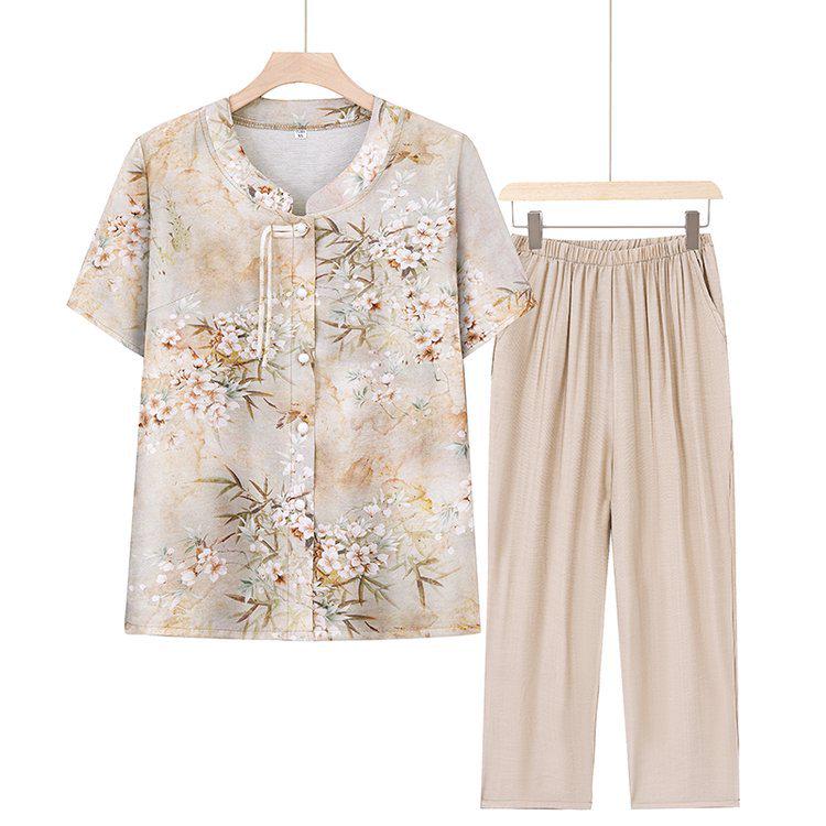 

Stylish Short Sleeve Summer Shirt for Middle-Aged and Elderly Women 3XL (120-130 jin) бежевий
