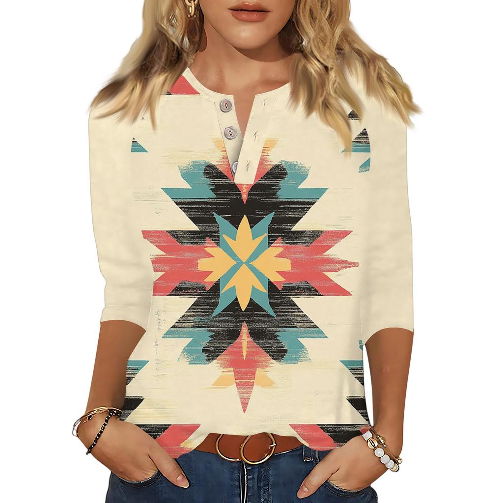 Women's Tops Three-quarter Sleeve V-neck Button Printed Imitation Cotton T-shirt