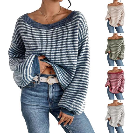 Women Sweater Off Shoulder Oversized Long Sleeve Knit Pullover Top Loose Fit Striped Print Soft Stretchy Knitting Tops