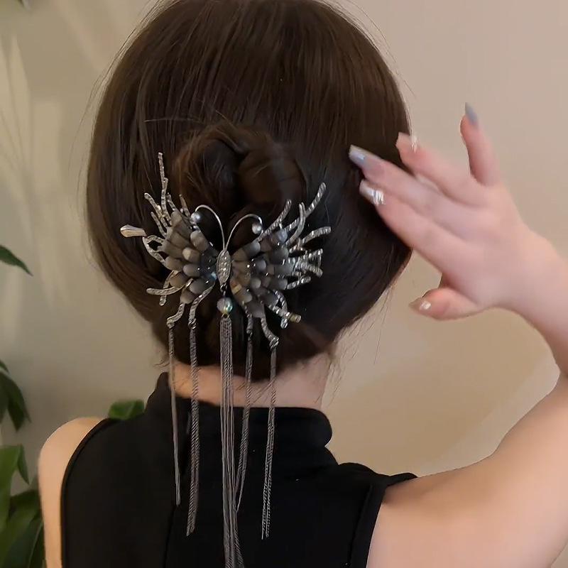 Elegant Black Butterfly Tassel Hair Clip for Updos