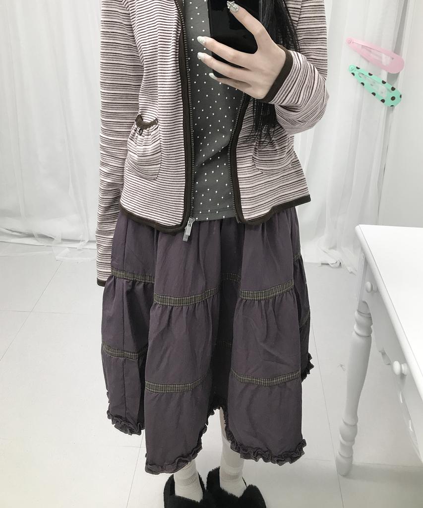 Some Place Check Color Block Frill Point Voluminous Flare Tiered Midi Skirt [Purple]